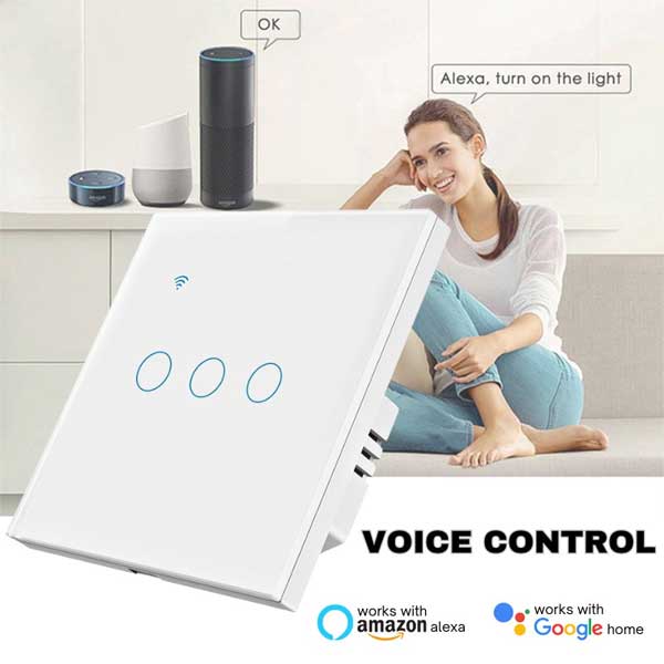 Intrerupator smart triplu WiFi cu control vocal compatibil cu asistenti vocali, montat pe perete