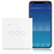 Intrerupator smart triplu touch WiFi, panou sticla securizata alb, 10A, IP44, control vocal si din aplicatie