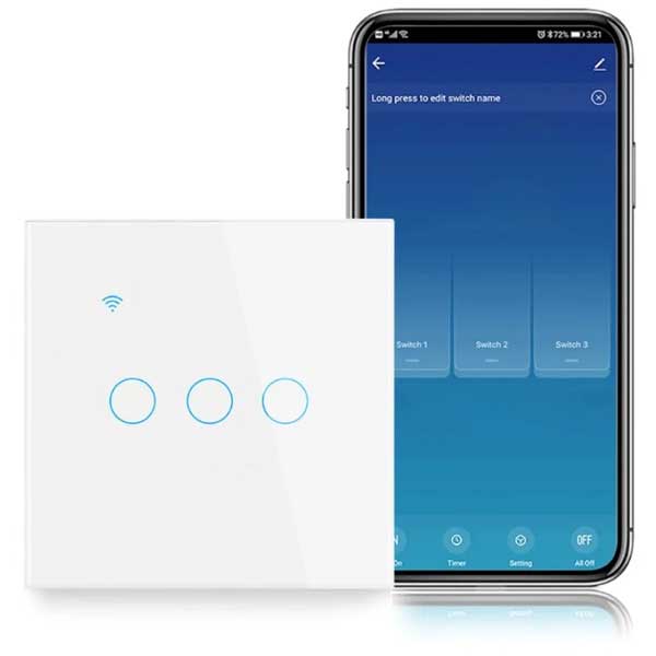 Intrerupator smart triplu touch WiFi, panou sticla securizata alb, 10A, IP44, control vocal si din aplicatie
