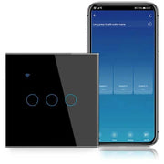 Intrerupator smart triplu touch WiFi negru, sticla securizata, 10A, IP44, control vocal si prin aplicatie mobila
