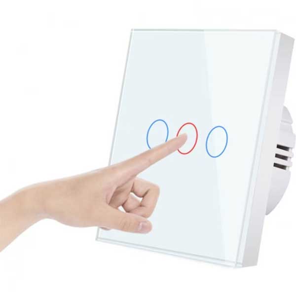 Intrerupator triplu touch actionat prin atingere, indicator LED rosu activ pe circuitul central