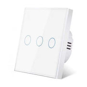 Intrerupator triplu touch cu panou din sticla securizata, 3 circuite independente, IP44, indicator LED, alb