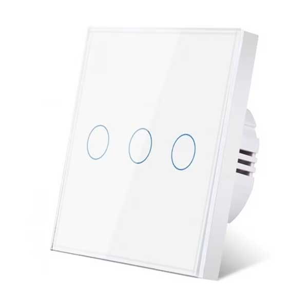 Intrerupator triplu touch cu panou din sticla securizata, 3 circuite independente, IP44, indicator LED, alb