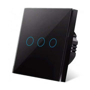 Intrerupator triplu touch negru, panou sticla securizata, IP44, 300W per circuit, LED indicator albastru