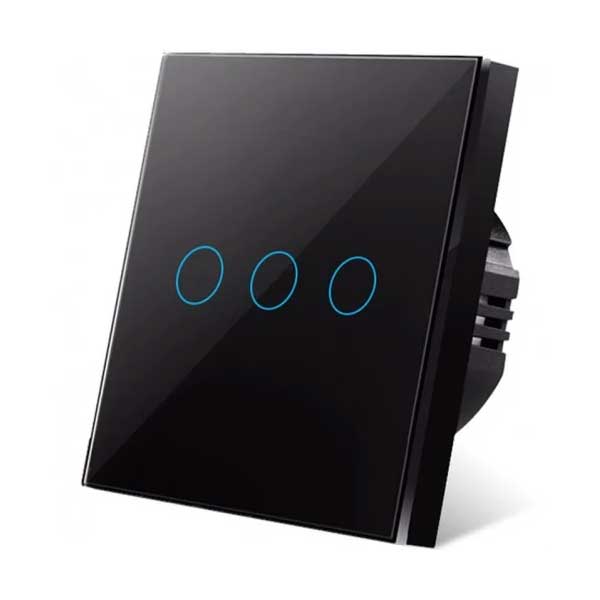 Intrerupator triplu touch negru, panou sticla securizata, IP44, 300W per circuit, LED indicator albastru