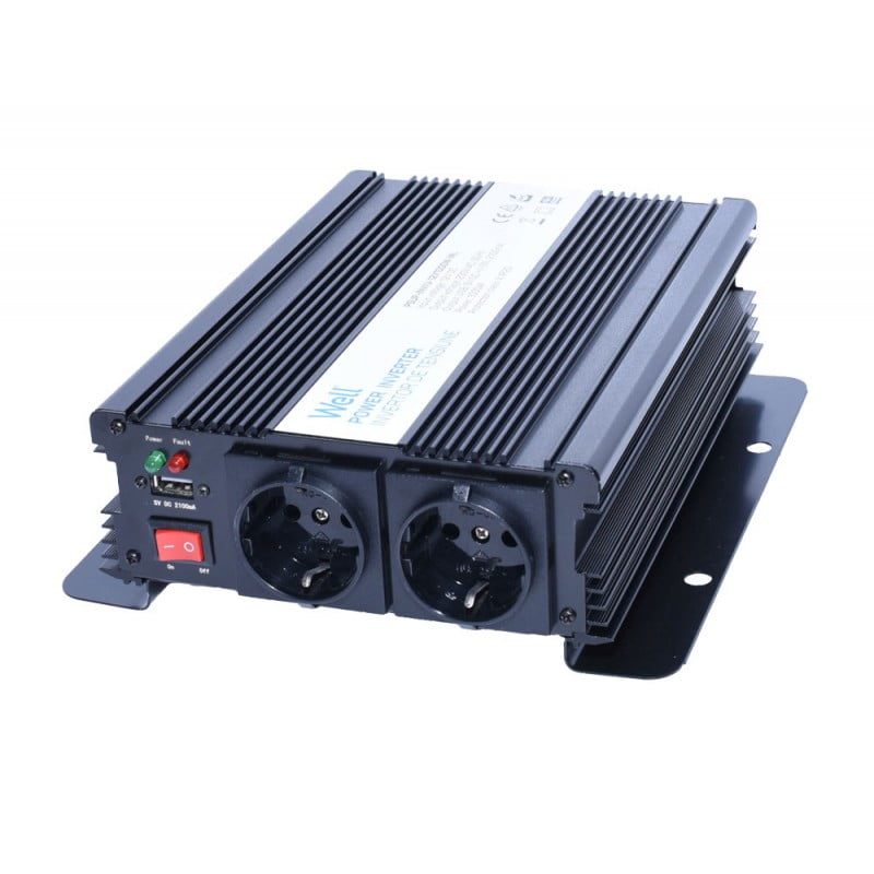 Invertor auto cu 2 prize Schuko 220V, port USB si intrerupator, vedere frontala