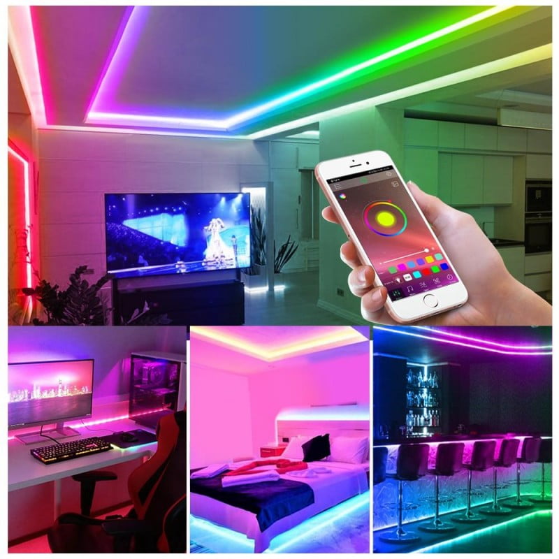 Banda LED RGB controlata Bluetooth din telefon, montata decorativ in living, dormitor si bar