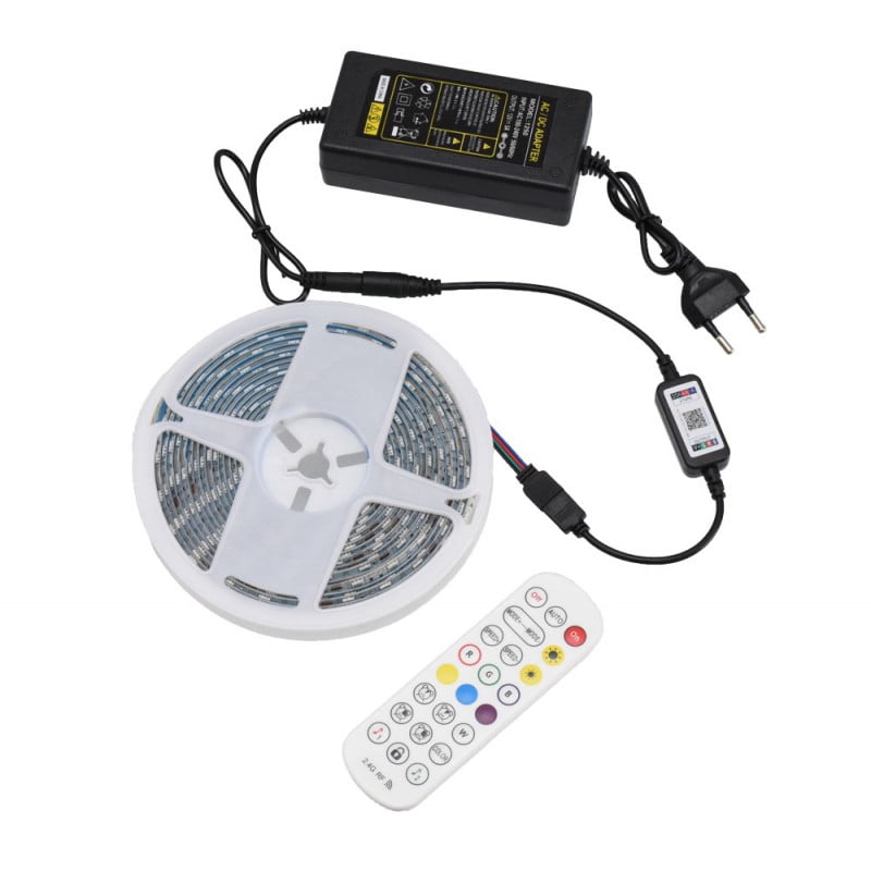 Kit banda LED RGB 5050 IP65 5m cu alimentator 12V, controller Bluetooth si telecomanda RF incluse