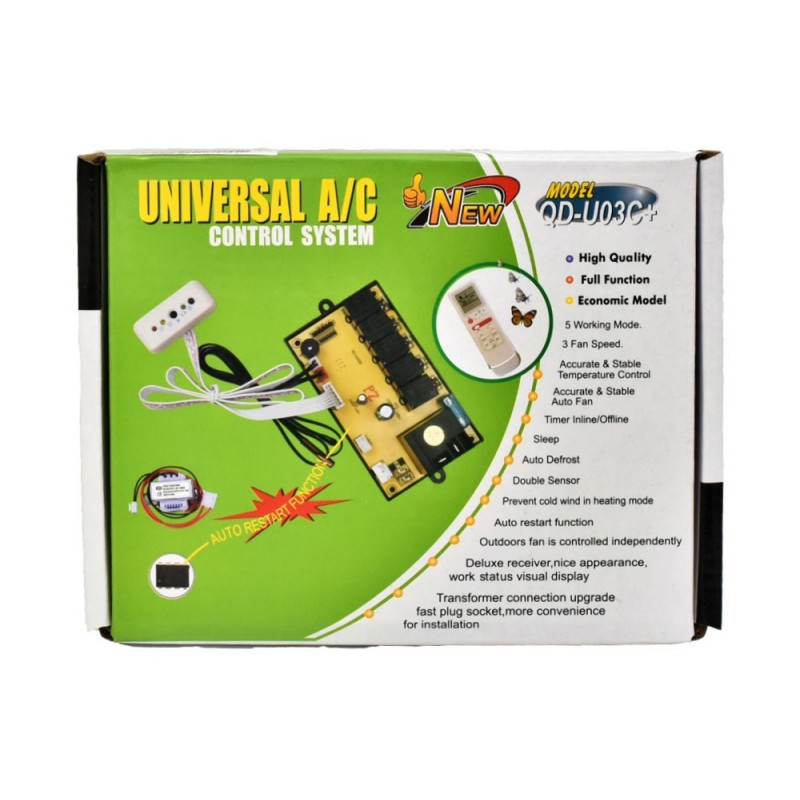 Kit control aer conditionat split in cutie, vedere frontala cu lista functii si componente incluse