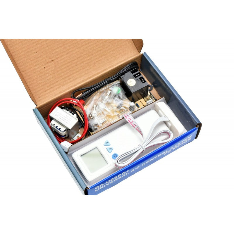 Kit universal control A/C dezambalat, cu toate componentele vizibile in cutie