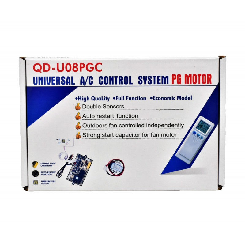 Ambalaj kit universal control aer conditionat, vedere frontala cu functii si componente incluse