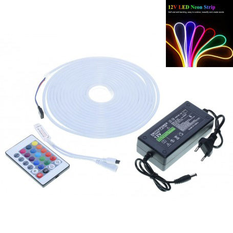 Kit banda LED RGB neon 12V, IP65, cu alimentator 5A, controler si telecomanda 24 taste, 5m
