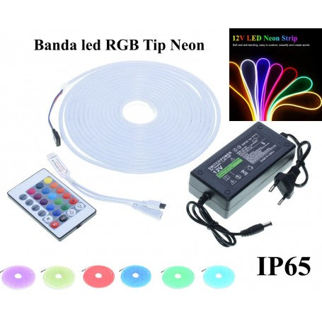 Kit banda LED RGB tip neon, IP65, 12V, cu telecomanda, alimentator si multiple culori disponibile