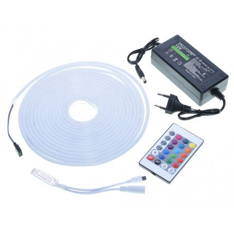 Kit banda LED neon RGB 12V cu alimentator, controler si telecomanda, vedere de ansamblu componente