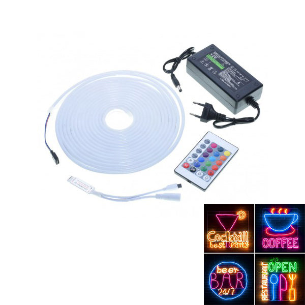Kit complet banda LED neon RGB 5m, 12V, cu alimentator, controler si telecomanda, IP65
