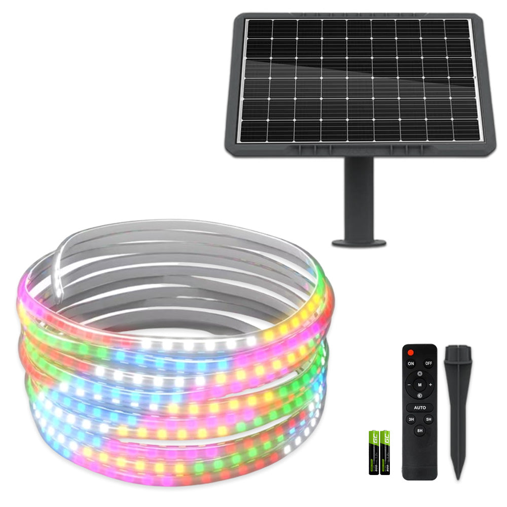 Banda LED RGB solara 10m, IP65, 100W panou monocristalin, telecomanda inclusa, kit complet exterior