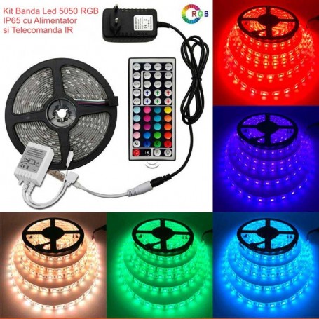 Kit complet banda LED RGB IP65 5m cu alimentator si controler IR, culori solide si dinamice