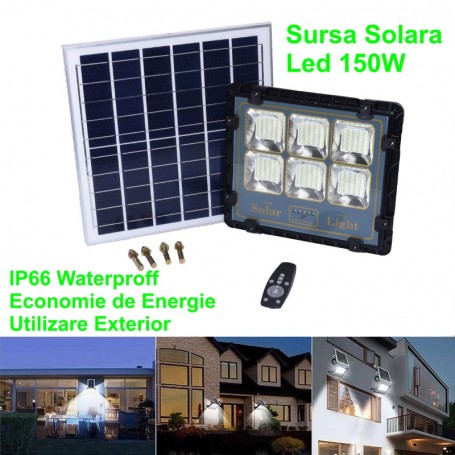 Proiector solar 150W IP66 pentru exterior, set complet cu panou solar si accesorii, utilizare curte si gradina