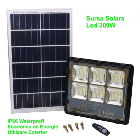 Kit solar complet 300W IP66 pentru exterior, proiector LED cu panou fotovoltaic si telecomanda RF