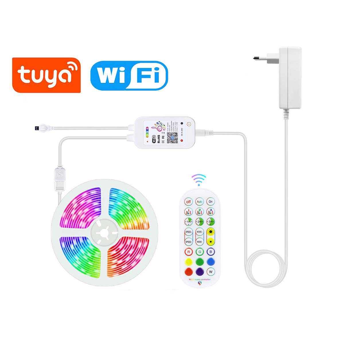 Banda LED RGB Smart WiFi 5m, controler WiFi+Bluetooth, telecomanda RF 24 butoane si alimentator incluse