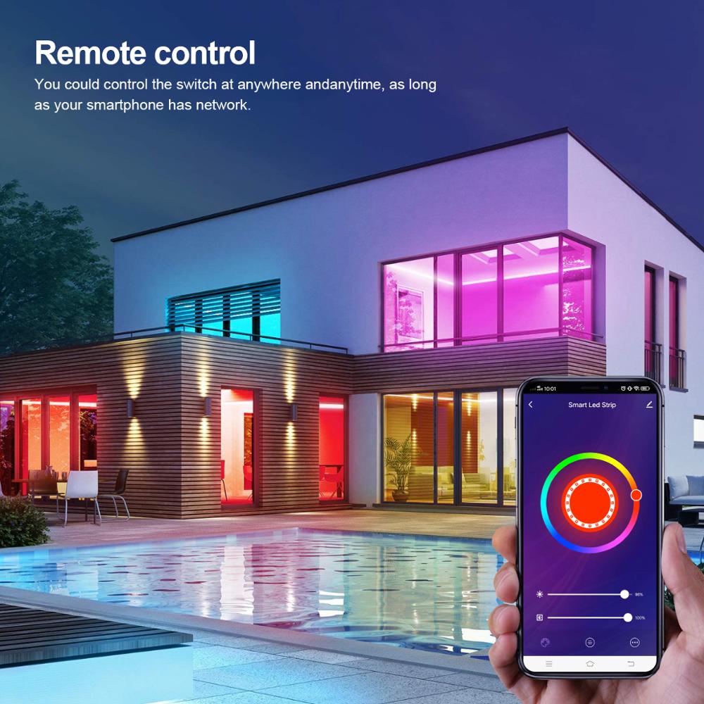 Banda LED RGB 24V controlata prin aplicatie de pe smartphone, instalata pe fatada unei case inteligente