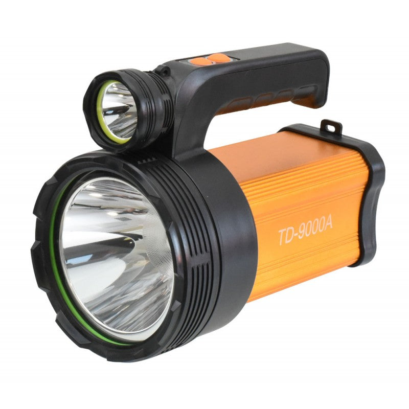 Lanterna LED portabila 500W cu proiector frontal alb si LED albastru, acumulator 12000mAh, corp aluminiu portocaliu