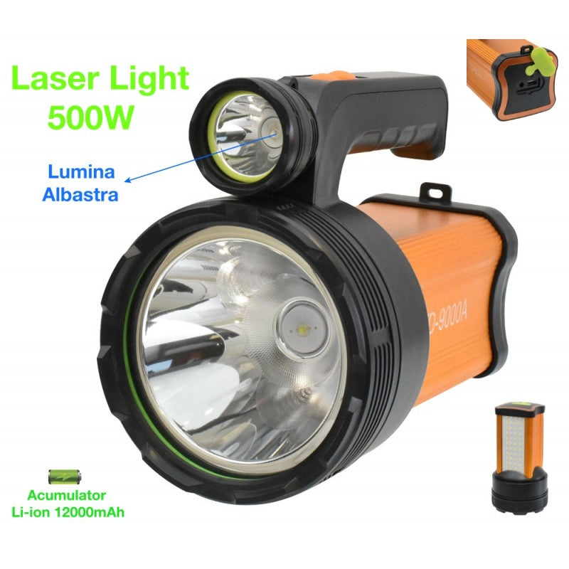 Lanterna 500W cu lumina albastra, acumulator Li-ion 12000mAh si panou SMD lateral