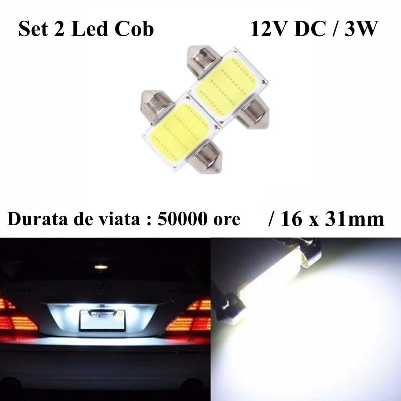 Bec LED COB feston 3W, 12V DC, durata 50000 ore, montat pe nnumar de inmatriculare auto