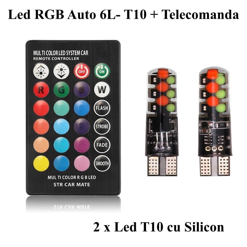 Set 2 becuri LED T10 silicon RGB cu telecomanda, pentru iluminat ambiental auto 12V