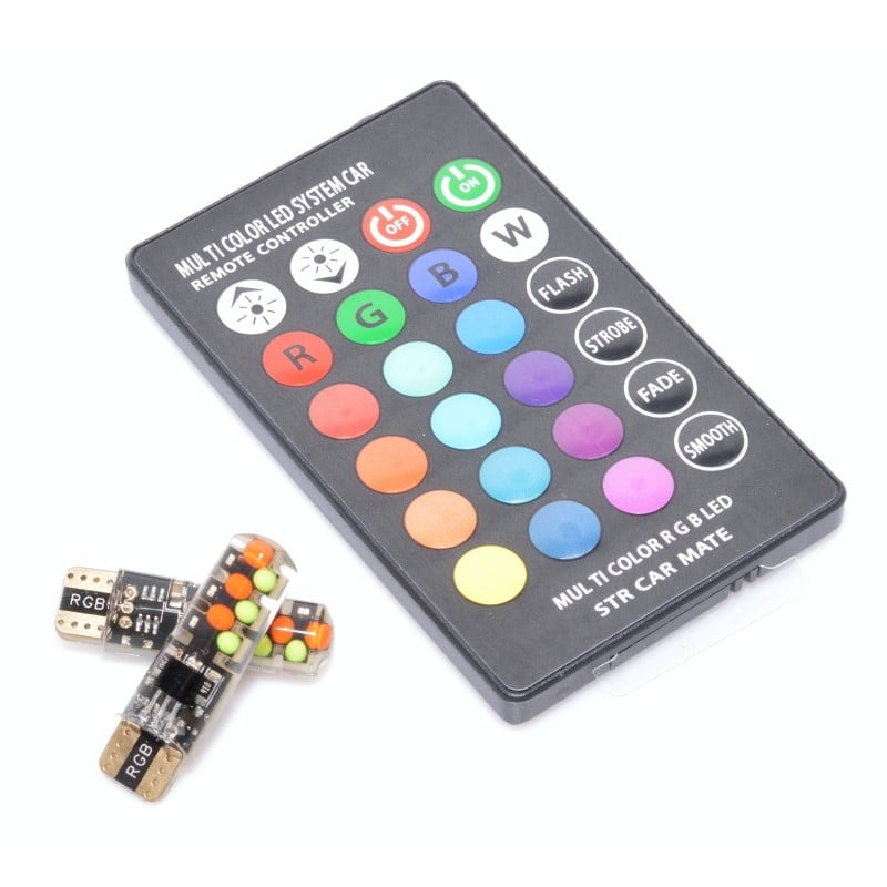 Becuri LED RGB T10 auto cu telecomanda, vedere din unghi lateral, soclu W5W 12V