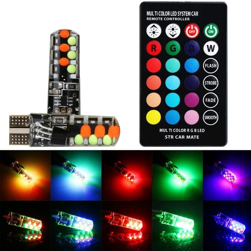 Becuri LED T10 RGB aprinse in multiple culori, telecomanda inclusa cu moduri flash si strobe