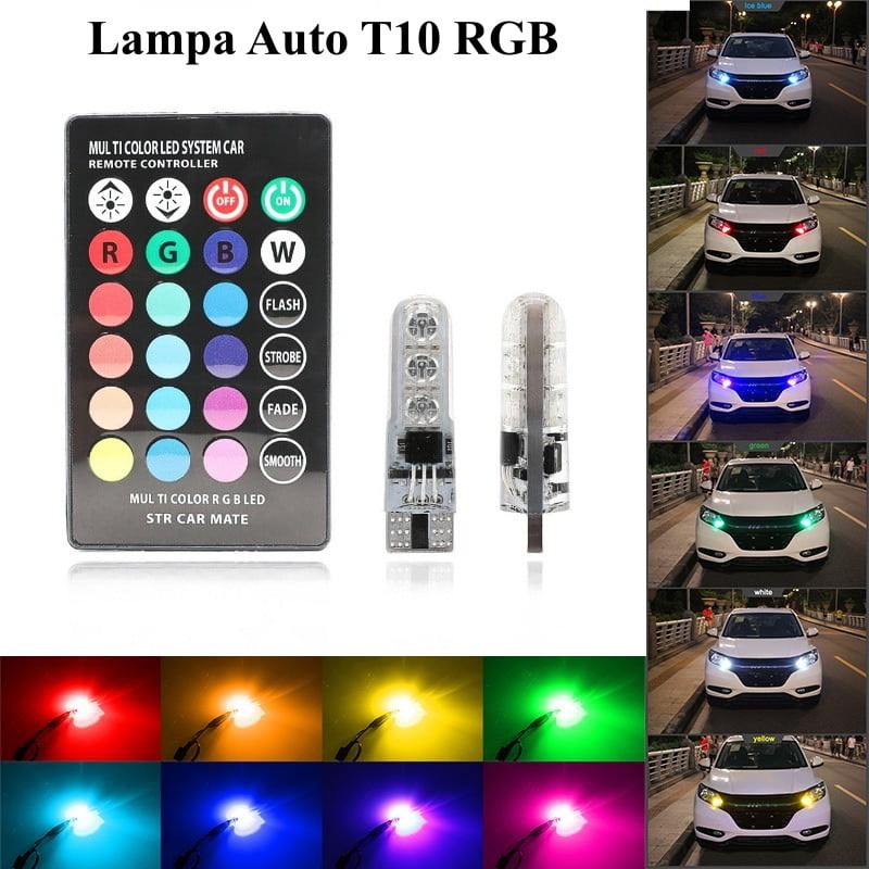 Becuri LED T10 RGB cu telecomanda, montaj auto, efecte multicolore pe pozitii fata