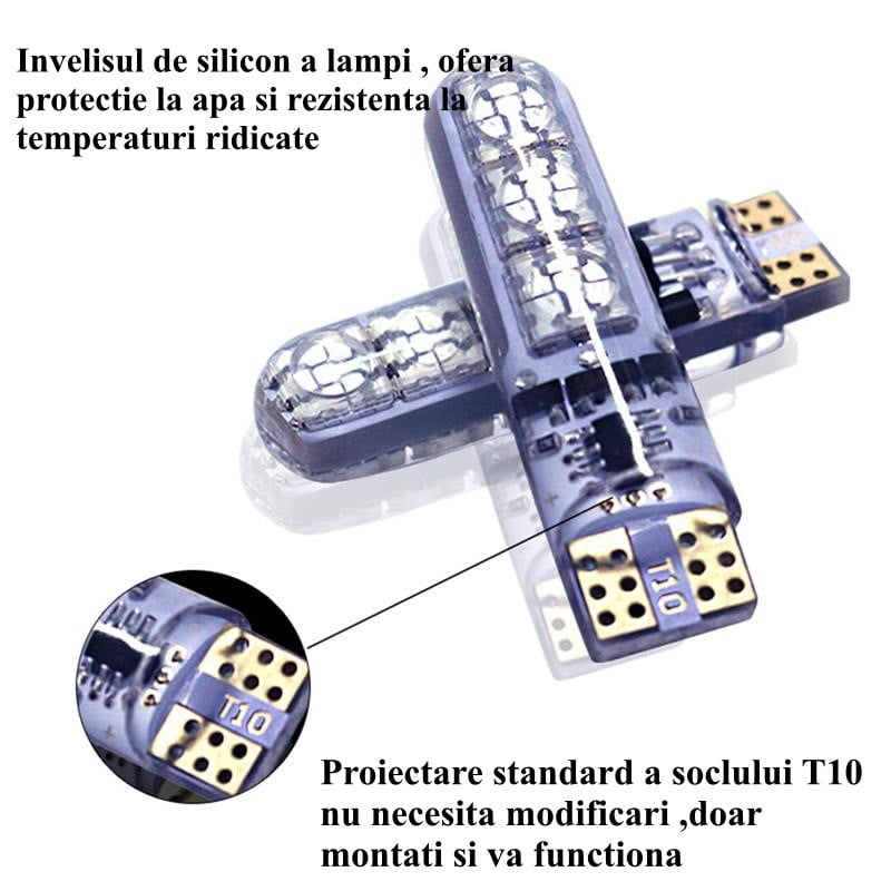 Bec LED T10 RGB cu invelis silicon rezistent la apa, soclu standard plug-and-play, 5W 12V