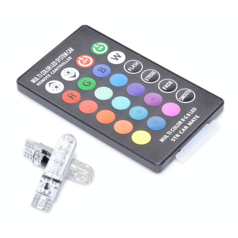 Becuri LED auto T10 RGB 5W 12V cu telecomanda, 16 culori si 4 moduri dinamice, soclu standard
