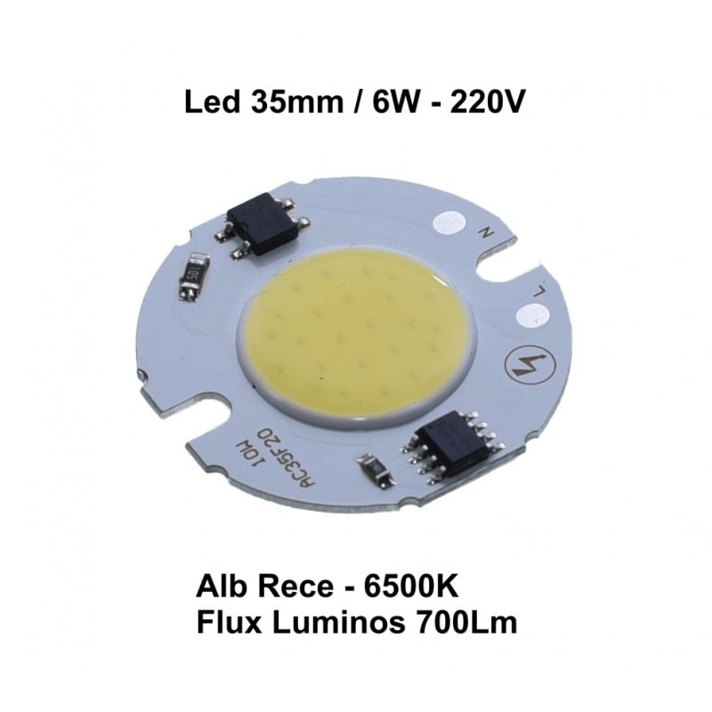 Chip LED COB 35mm 6W 220V, 6500K alb rece, flux luminos 700Lm