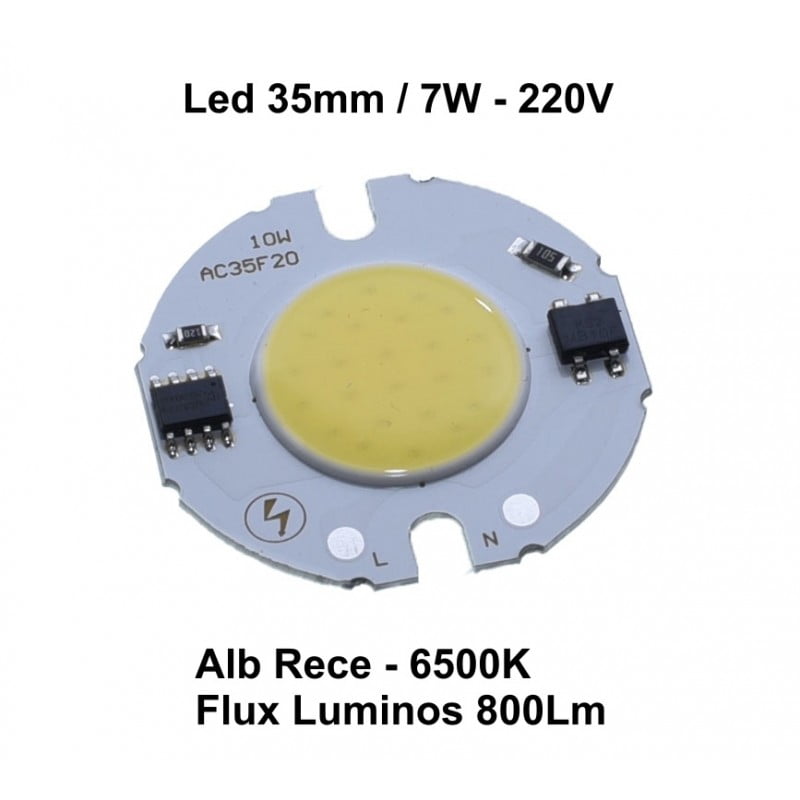Modul LED COB 35mm 7W, temperatura culoare alb rece 6500K, 800 lumeni, 220V AC