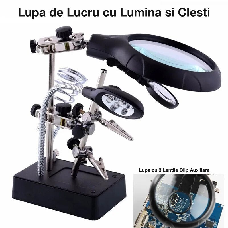 Lupa cu lumina LED si 3 lentile clip auxiliare, clesti de prindere pentru lucru de precizie