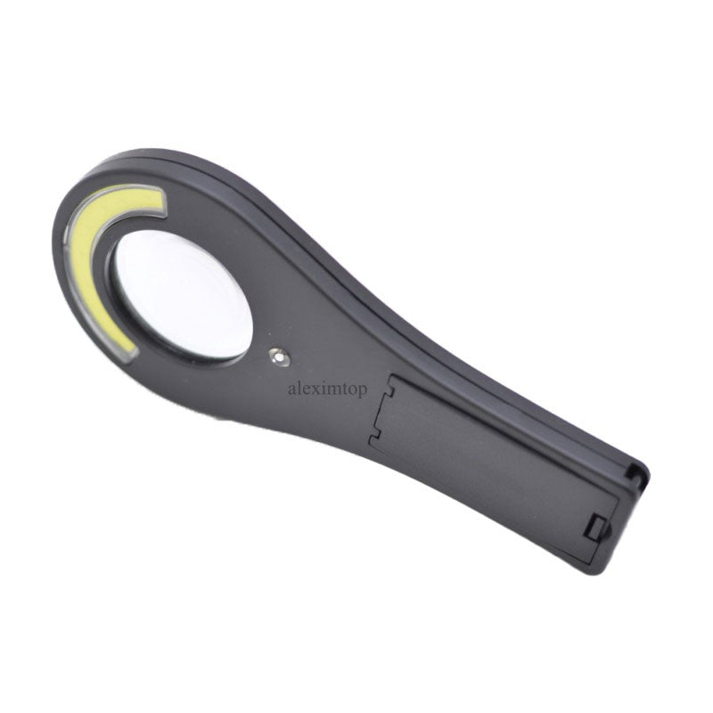 Lupa portabila cu LED COB dual, vedere laterala cu lentila rotunda si compartiment baterii glisant