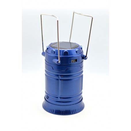 Felinar LED solar telescopic albastru in pozitie compacta, port USB vizibil pe lateral