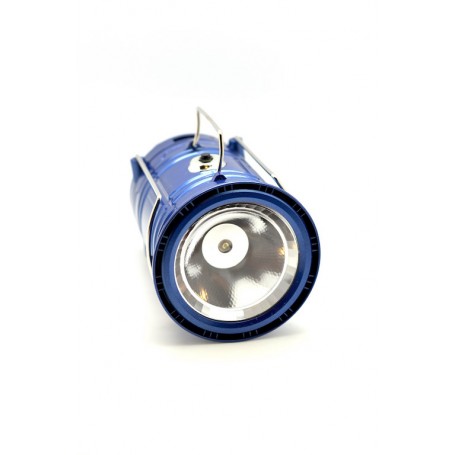 Felinar LED solar albastru cu LED frontal directional aprins, pozitie orizontala lanterna