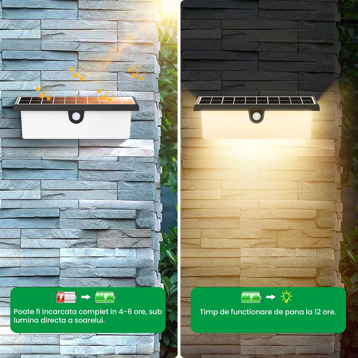 Lampa solara de perete incarcare 4-6 ore si autonomie 12 ore, comparatie zi-noapte pe perete de piatra