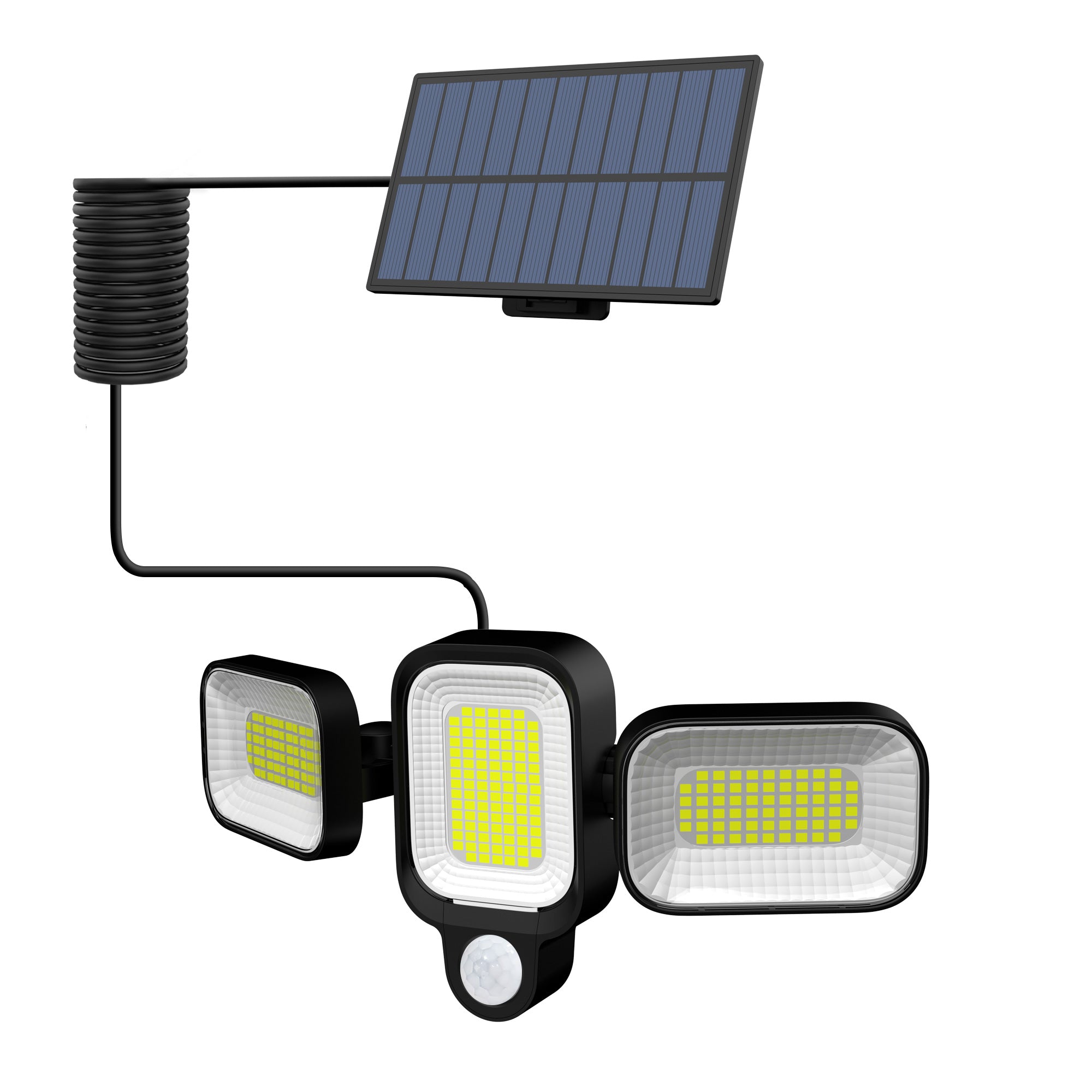 Lampa solara cu 3 capete LED orientate diferit si panou solar cu cablu spiralat, vedere din unghi lateral