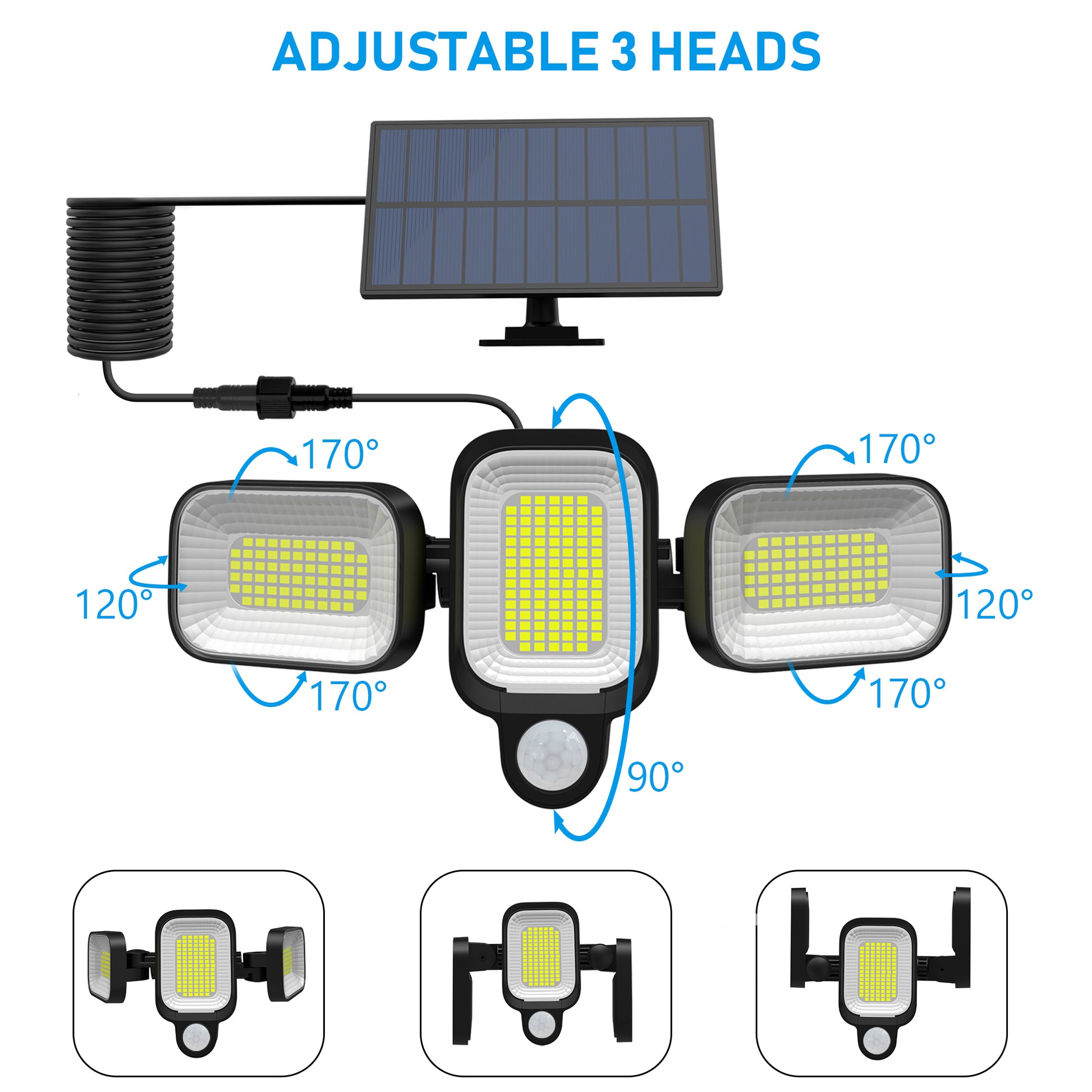 Lampa solara 3 capete reglabile 170° si 120°, unghi de rotatie senzor PIR 90°, moduri de orientare ilustrate