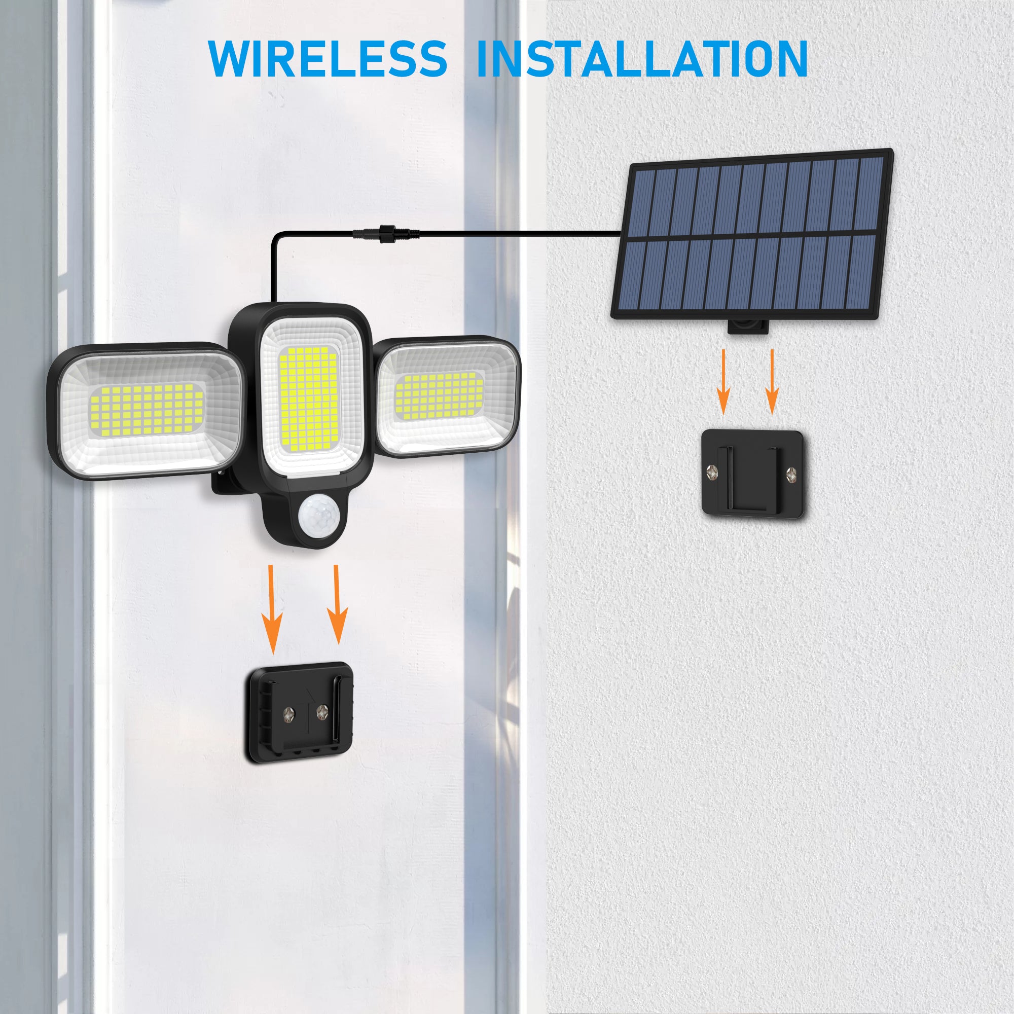 Lampa solara cu 3 capete LED, montare wireless pe perete cu suport inclus, panou solar fixat independent