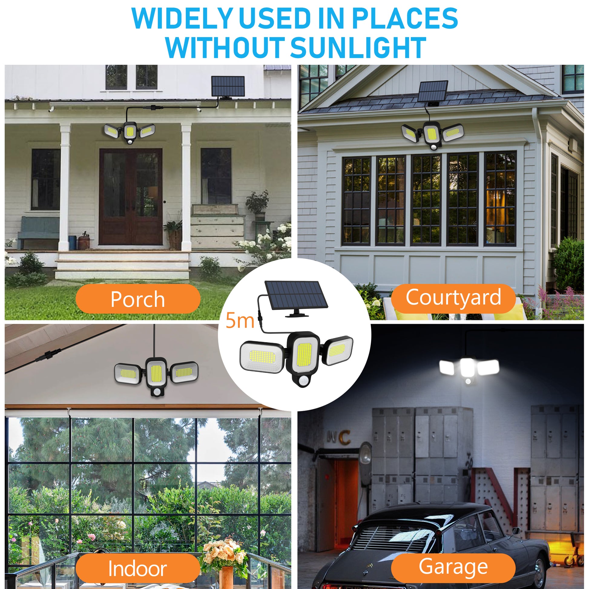 Lampa solara cu 3 capete LED si cablu 5m, utilizare pe veranda, curte, garaj sau interior fara lumina naturala