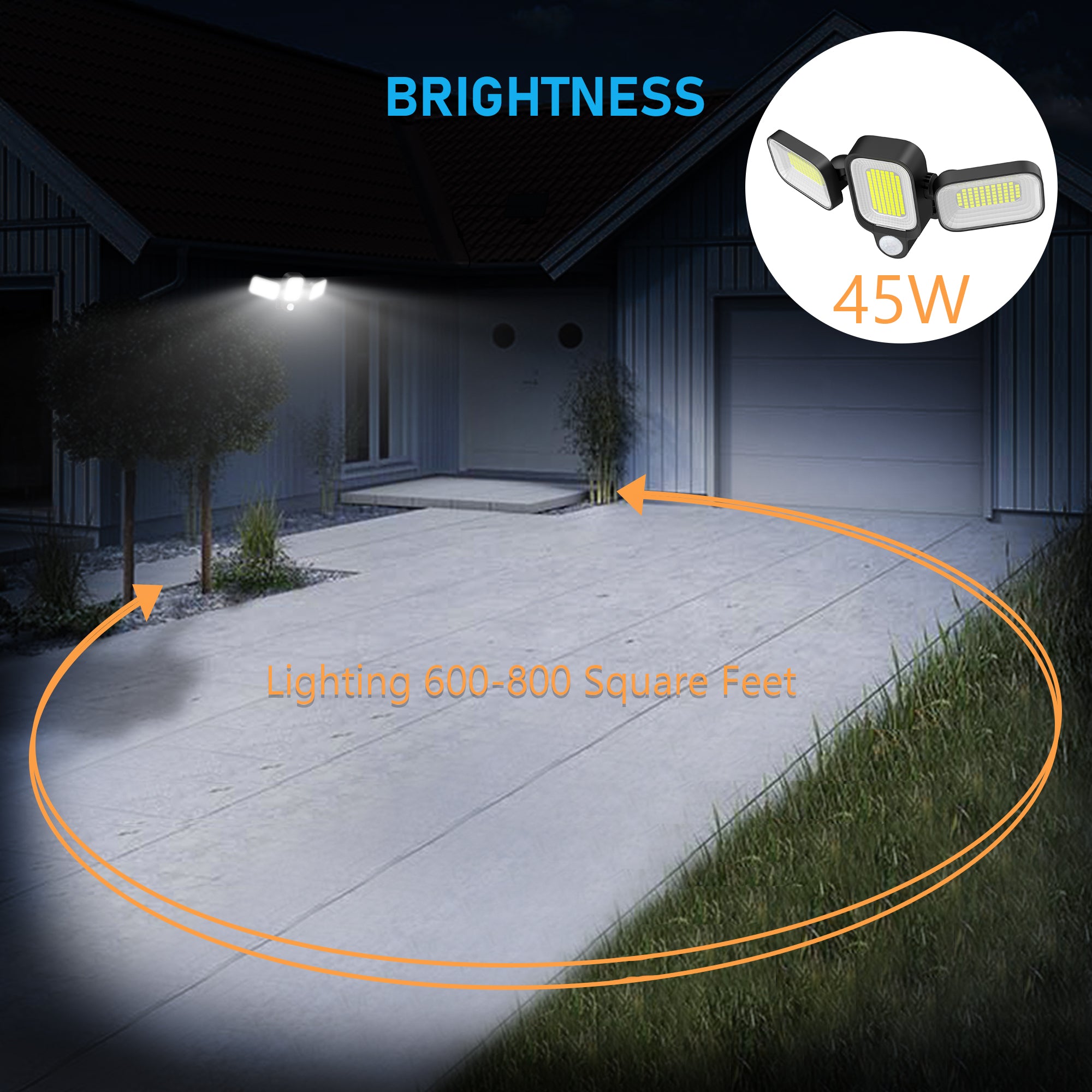 Lampa solara 45W cu 3 capete LED ilumineaza curte 55-75 mp, luminozitate puternica in exterior pe timp de noapte
