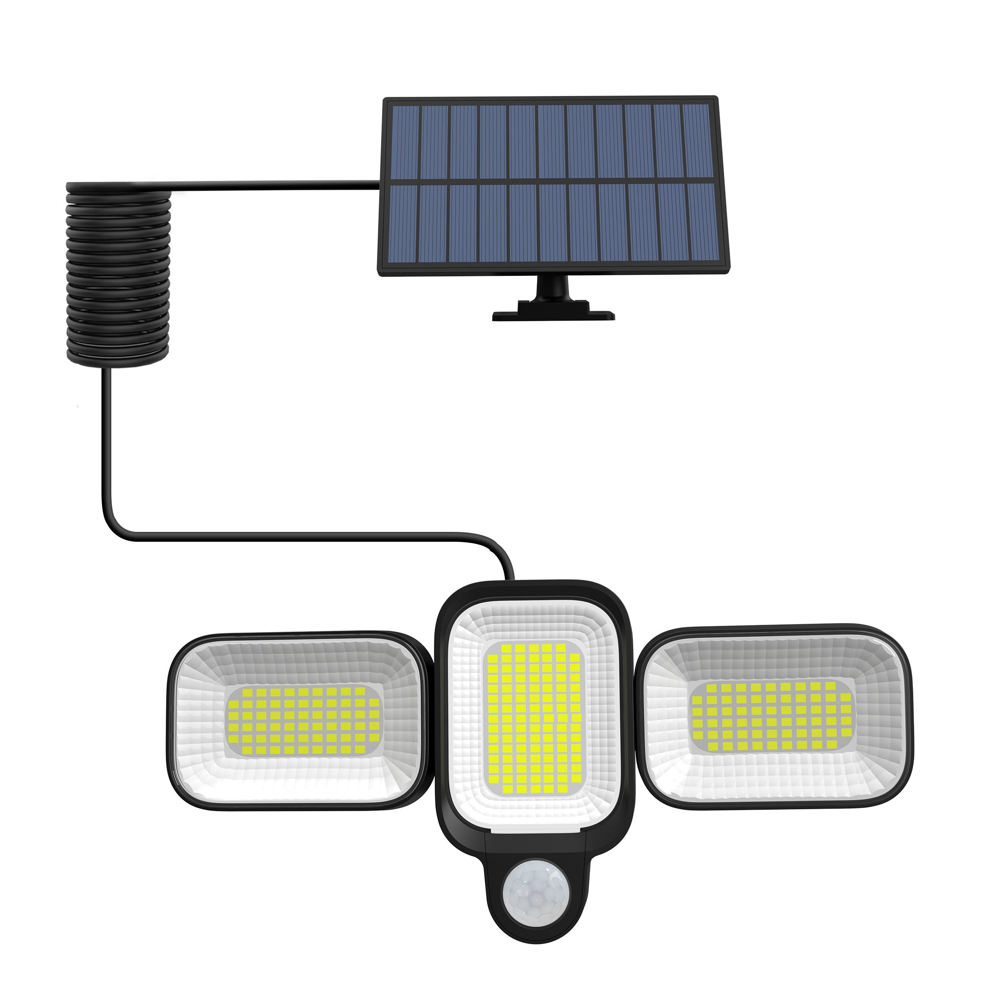 Lampa solara cu 3 capete LED si panou solar detasabil conectat prin cablu spiralat, vedere completa ansamblu