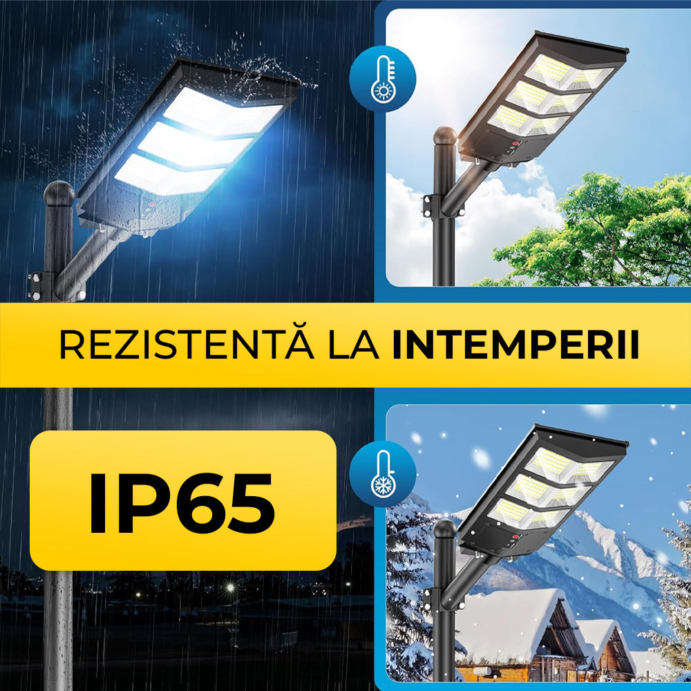 lampa solara stradala IP65 rezistenta la ploaie, caldura si zapada, functionare in orice conditii meteo