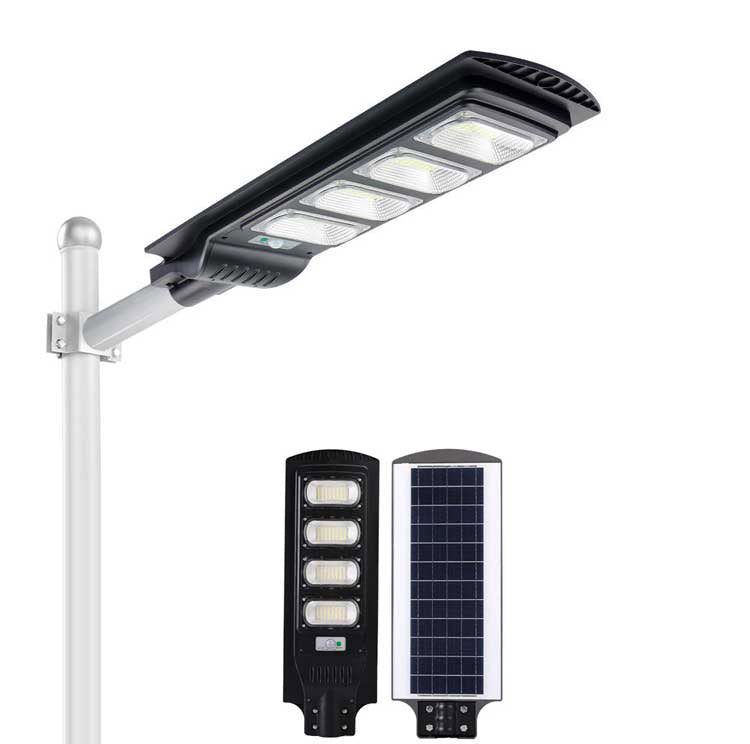 Lampa solara stradala LED 300W IP66, design all-in-one cu panou solar integrat, montaj pe stalp