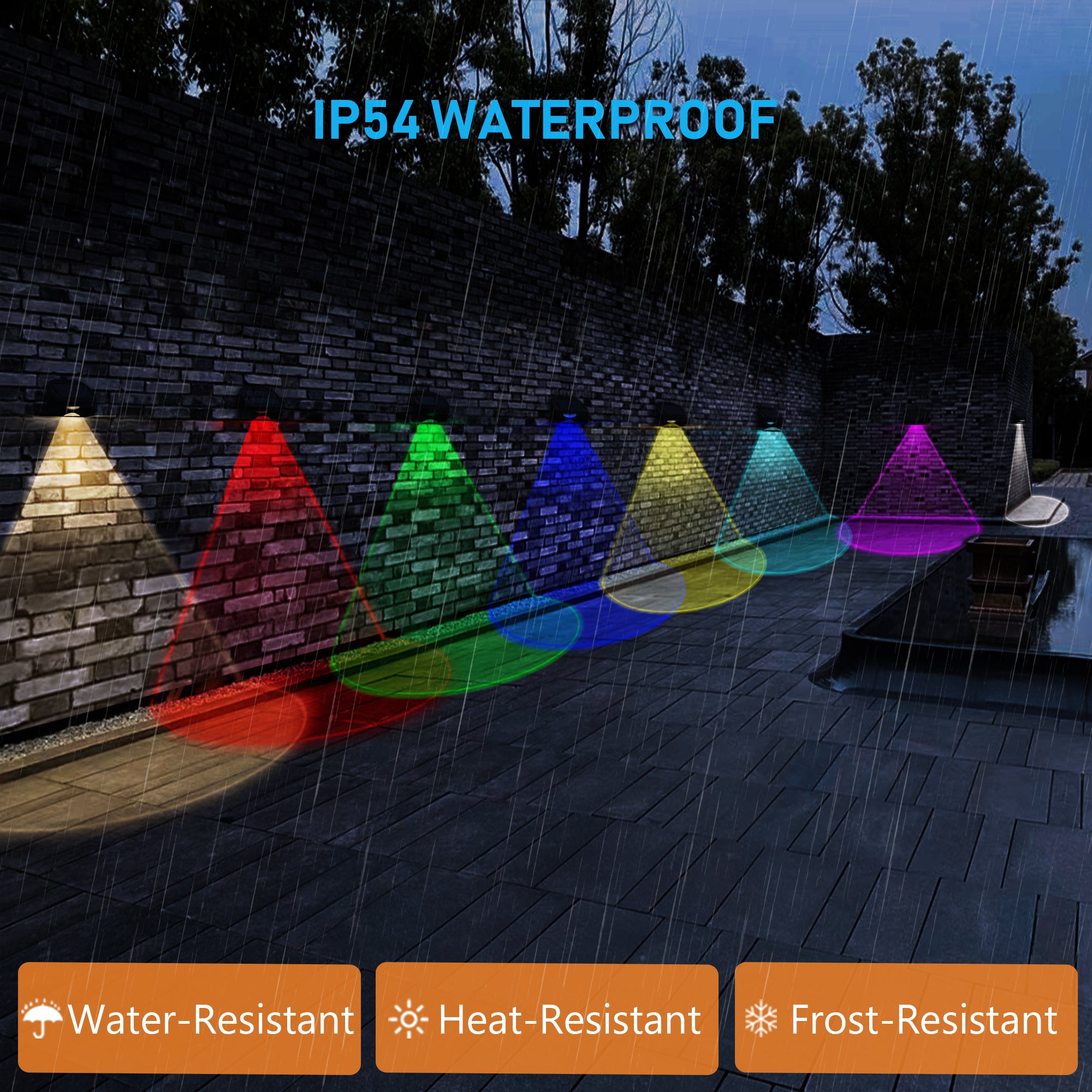 Lampa solara de perete IP54 waterproof, rezistenta la ploaie, inghet si caldura, lumini multicolore pe zid exterior